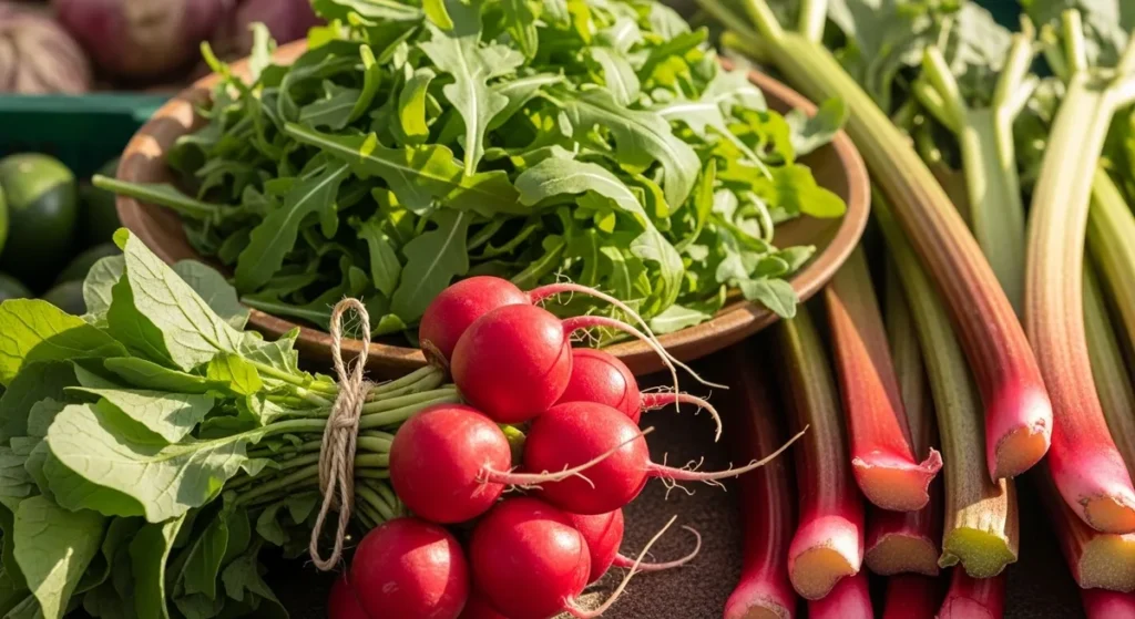 Radis, roquette et rhubarbe au marché
