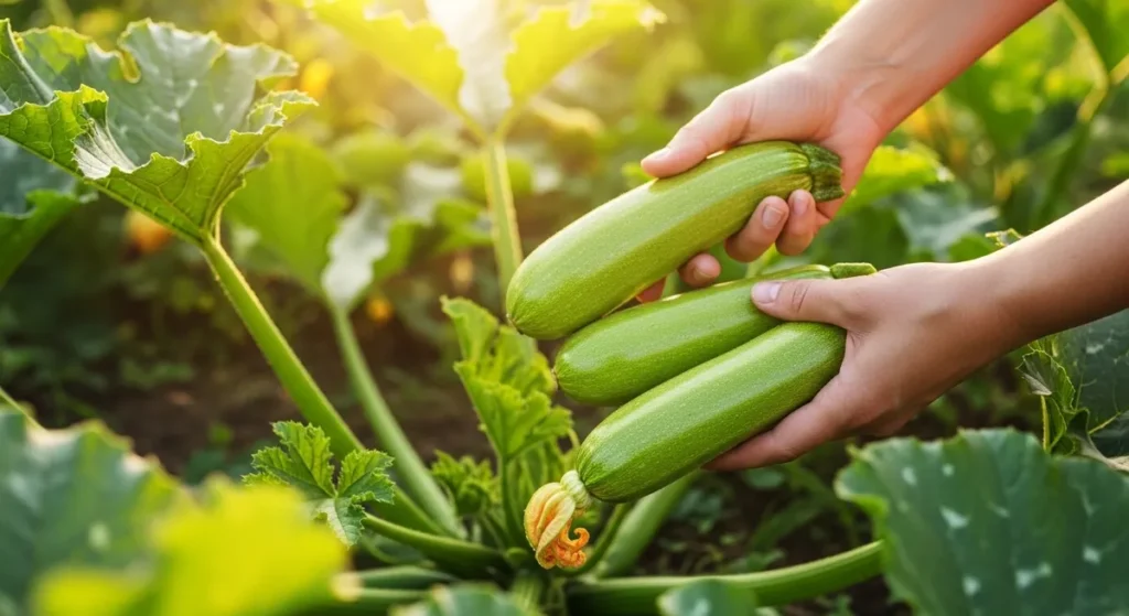 Recolte de courgettes au potager