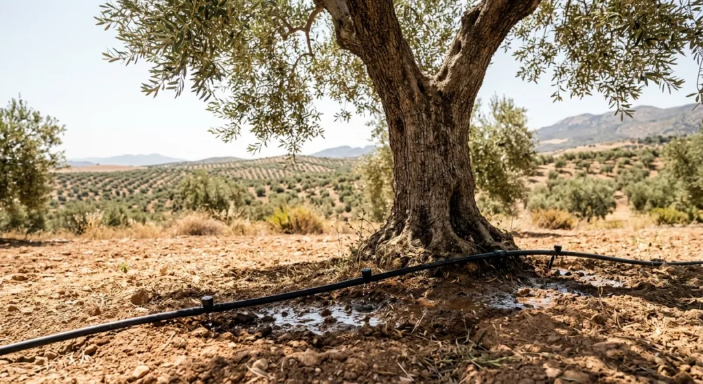 Le Réveil de l'Oliveraie au Printemps : les Travaux Essentiels à Ne Pas Manquer 5 Système d'irrigation au pied d'un olivier