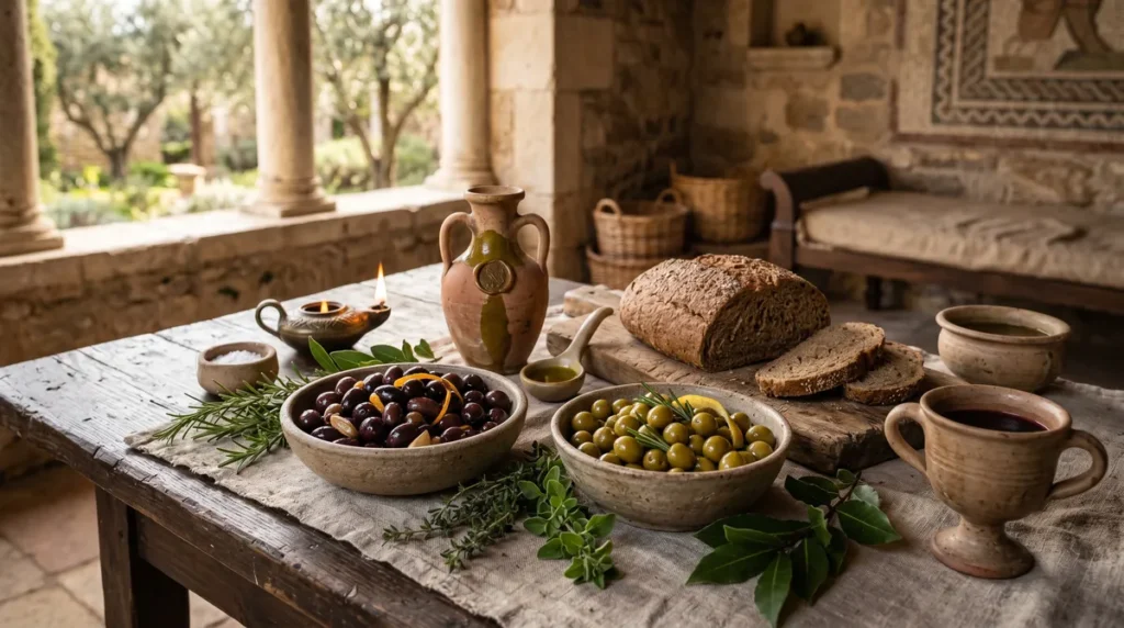 Table romaine antique avec olives dans des céramiques