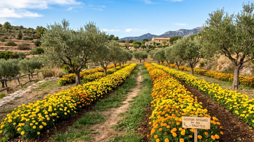 Décontamination du sol en oliveraie : méthodes et bonnes pratiques 4 Tagètes dans les rangées d'oliviers