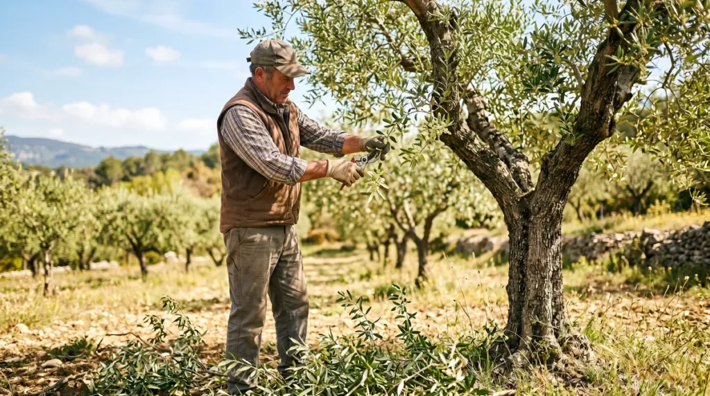 Alternance de production chez l'olivier : comprendre et régulariser ses récoltes 3 Taille légère d'un olivire au sécateur