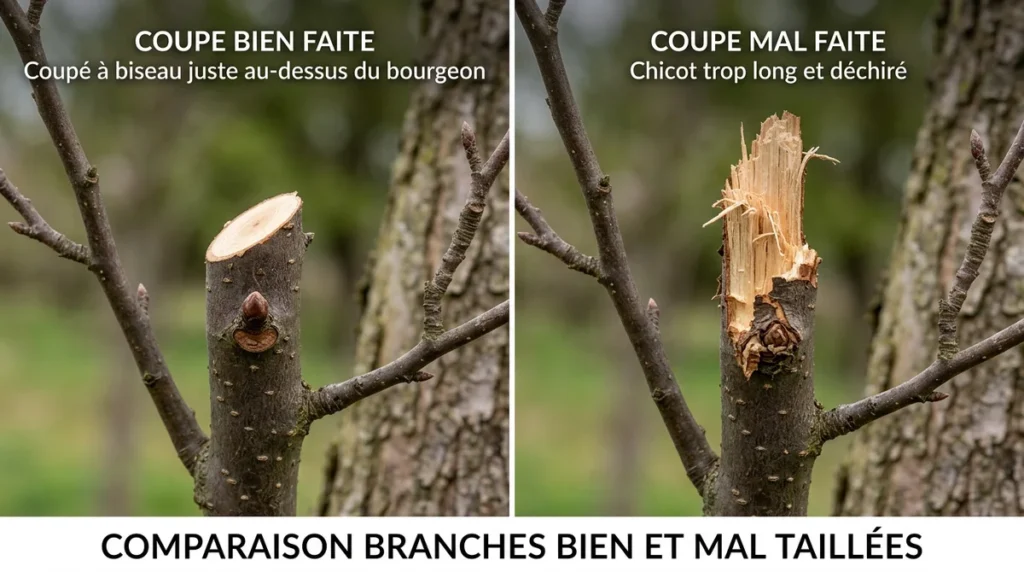 Comparaison branche mal taillée et bien taillée
