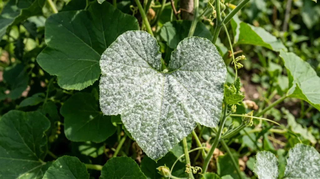Feuille de potimarron atteinte d'oïdium
