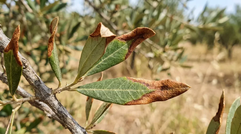 Stress Thermique de l'Olivier : Comment Reconnaître et Limiter les Dégâts 2 Feuilles d'olivier présentant des brûlures dues à la chaleur
