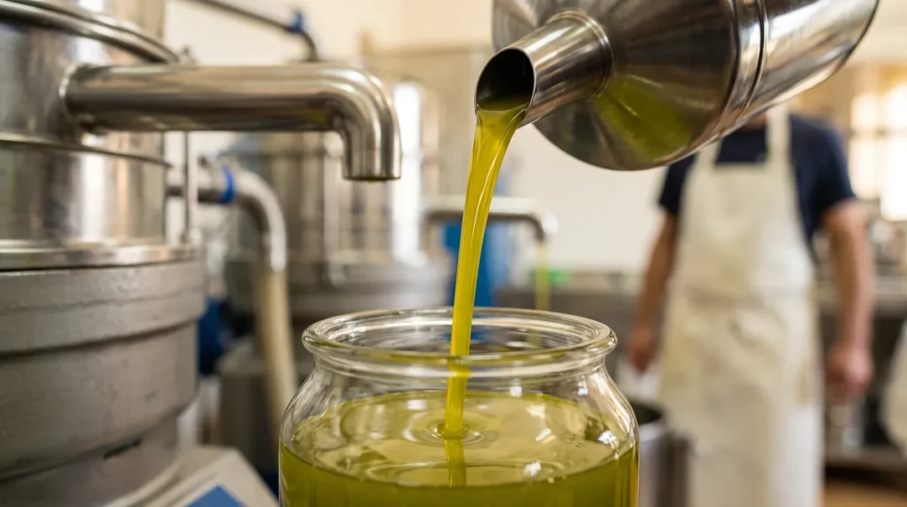 Huile d'olive fraichement extraite dans un moulin