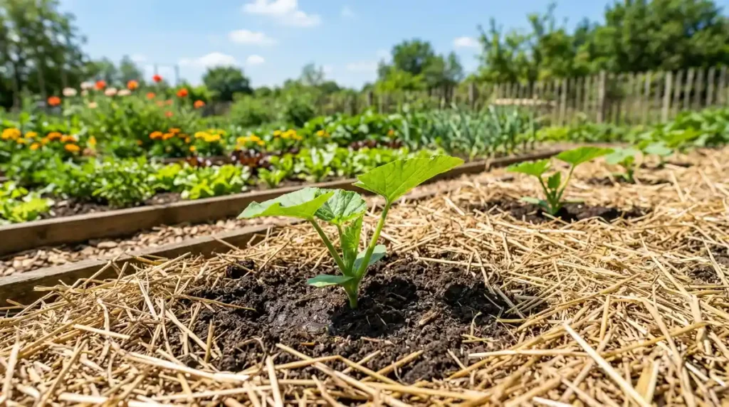 Plantation d'un jeune plant de potimarron au potager
