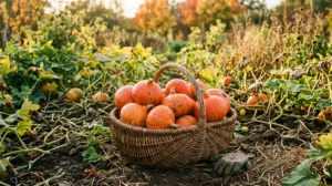 Récolte de potimarrons dans un potager d'automne