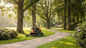 Tondeuse à coupe frontale sur un parc arboré