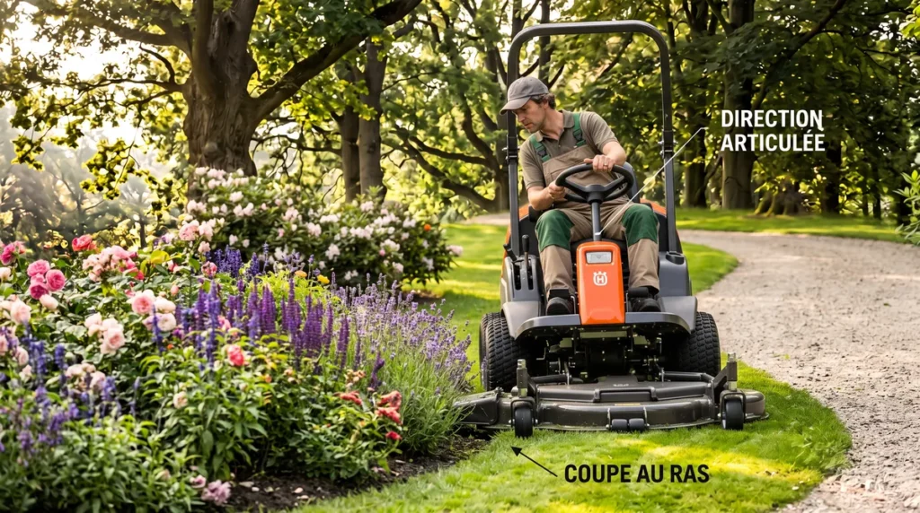 Tondeuse à coupe frontale : comprendre, choisir et bien l'utiliser 2 Tondeuse frontale contournant un massif de fleurs