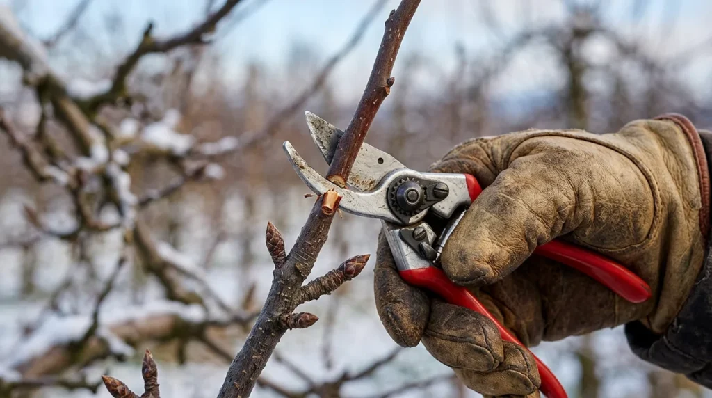 sécateur coupant une branche de pommier