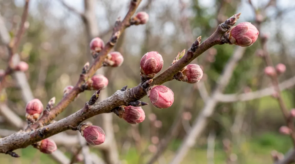 Bourgeons sur rameau de pêcher