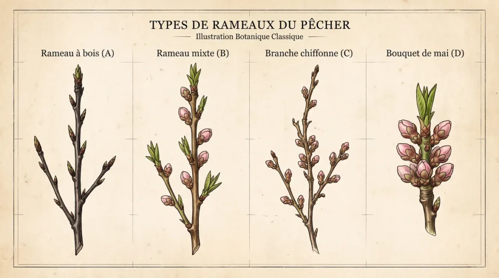 Différents types de rameaux du pêcher