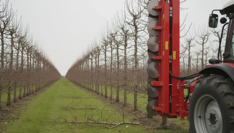 Barre de coupe verticale à disques d'une tailleuse arboricole le long d'un rang d'arbres fruitiers nus, rameaux coupés au sol