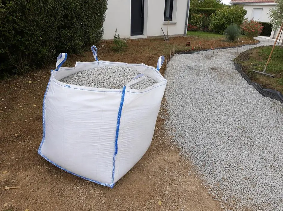 Gravier en vrac ou en big bag à Caen : où l'acheter et combien en commander 3 Big bag de gravier posé sur la terre à côté d'une allée de gravier en cours de création, devant une maison