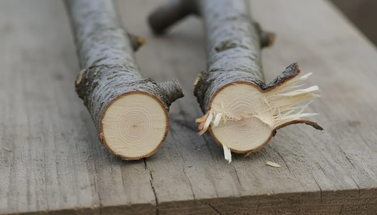 Tailleuse arboricole ou taille manuelle : ce que la mécanisation change vraiment 3 Deux extrémités de branches posées côte à côte, l'une coupée net, l'autre déchirée avec des fibres de bois soulevées