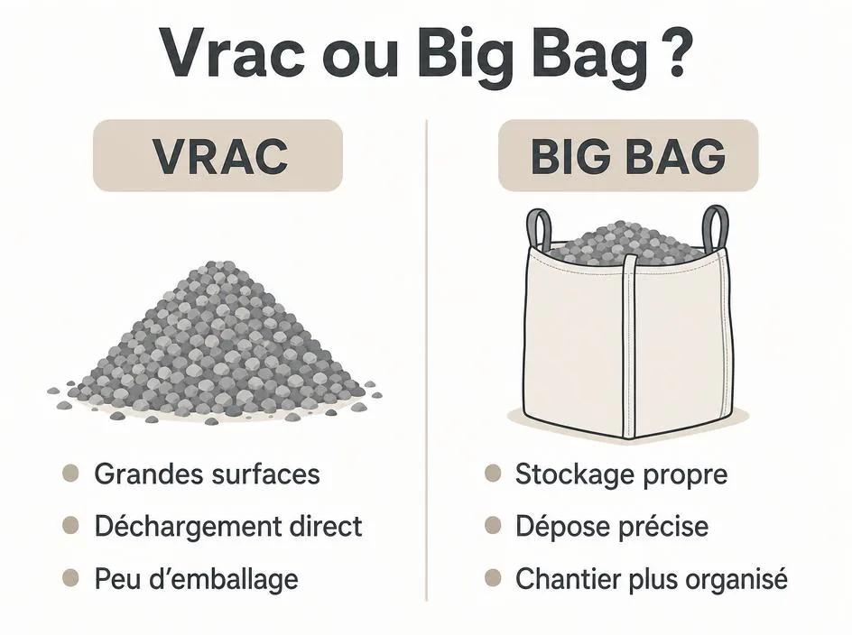 Gravier en vrac ou en big bag à Caen : où l'acheter et combien en commander 2 Schéma comparant le gravier en vrac (grandes surfaces, déchargement direct, peu d'emballage) et en big bag (stockage propre, dépose précise, chantier plus organisé)