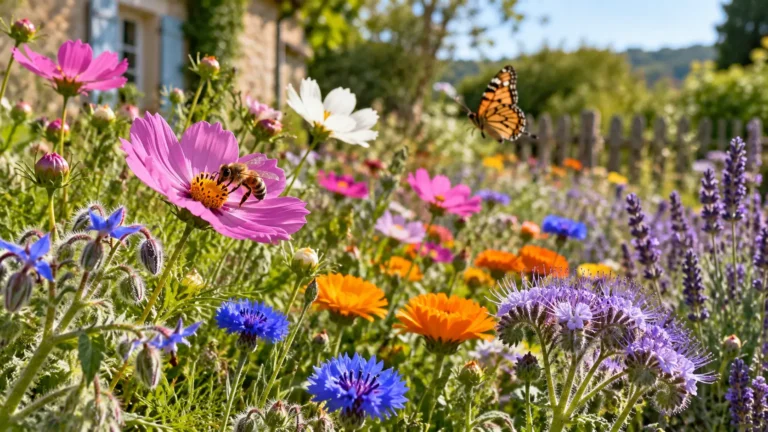 Accueil 1 Massif de cosmos, bleuets, soucis, phacélie et lavande butiné par une abeille